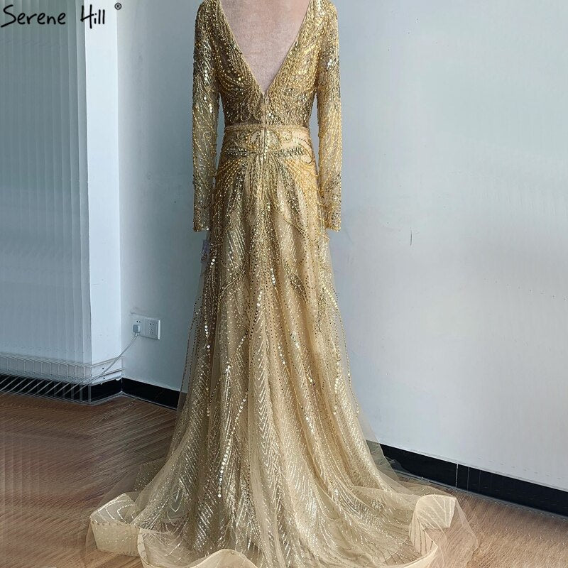 On Sale no return no refund Gold A-Line V-Neck Luxury Sexy Evening Dresses 2025 Pearls Crystal Long Sleeves Fromal Gown Serene Hill LA70287L - SERENE HILL