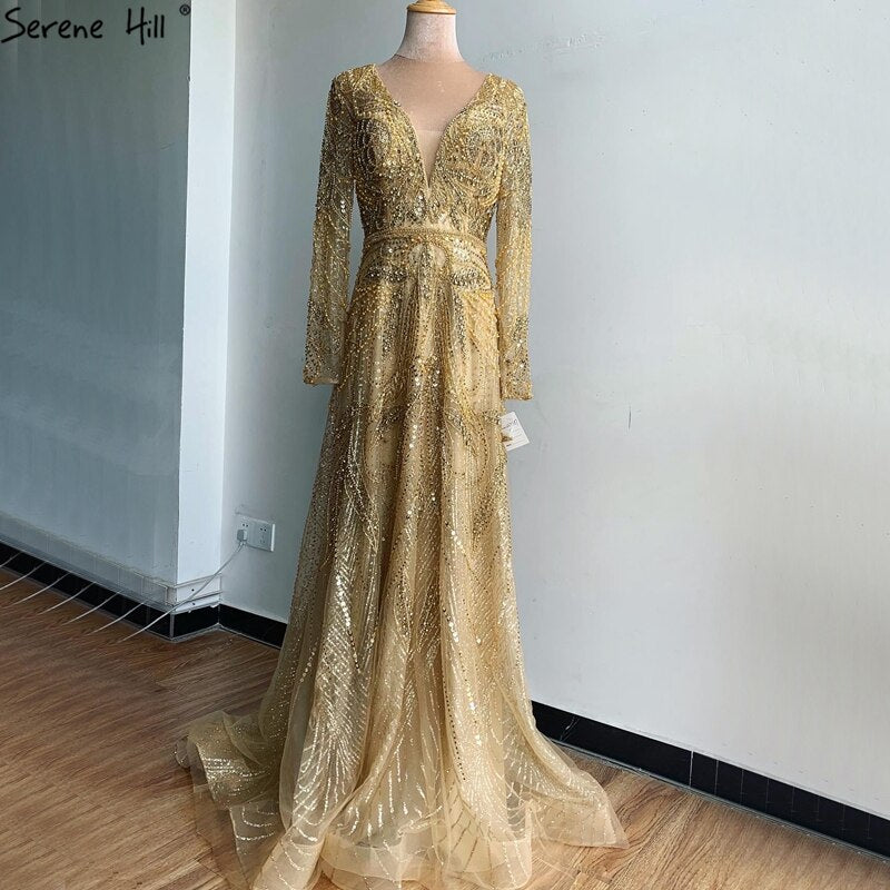 On Sale no return no refund Gold A-Line V-Neck Luxury Sexy Evening Dresses 2025 Pearls Crystal Long Sleeves Fromal Gown Serene Hill LA70287L - SERENE HILL