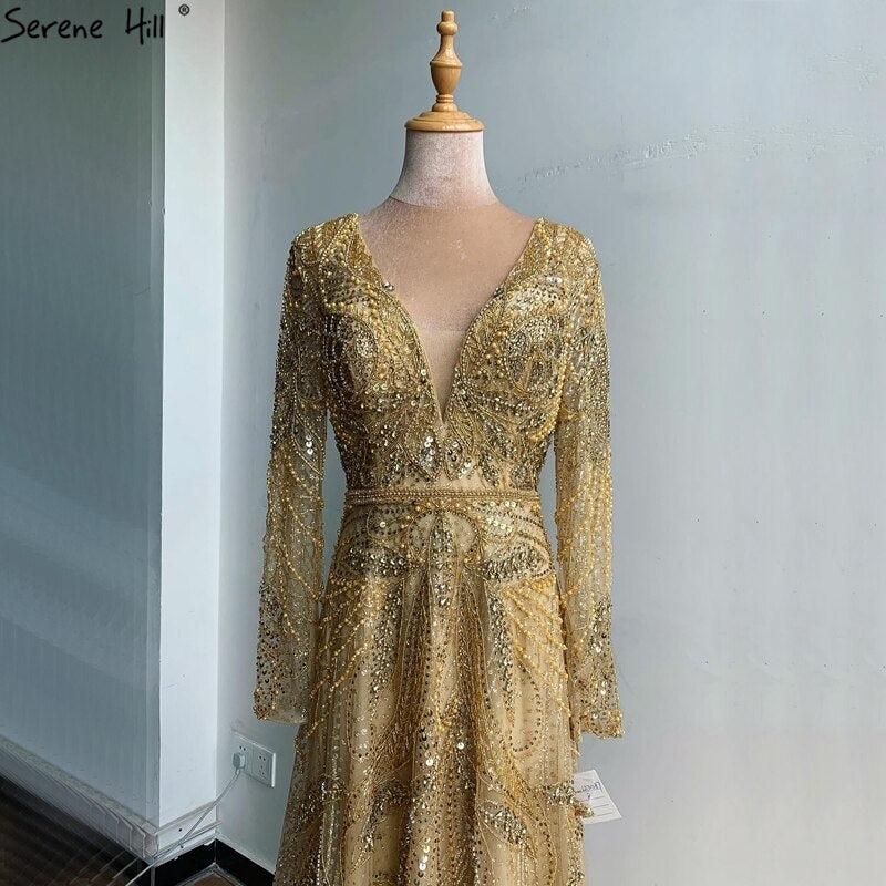 On Sale no return no refund Gold A-Line V-Neck Luxury Sexy Evening Dresses 2025 Pearls Crystal Long Sleeves Fromal Gown Serene Hill LA70287L - SERENE HILL