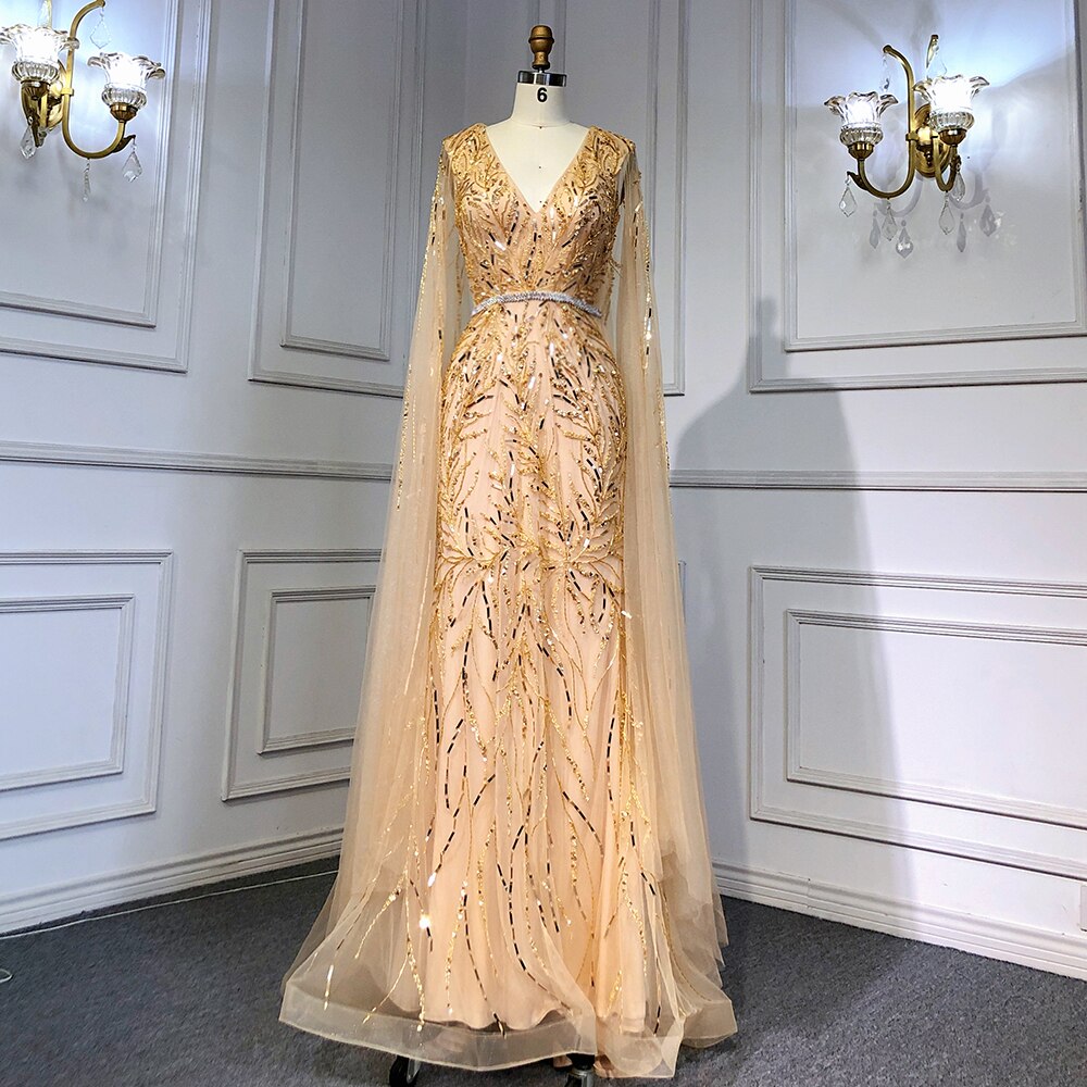 Gold Arabic Cape Sleeves Beaded Evening Dresses Gowns 2025 Mermaid Elegant Luxury For Women Party Serene Hill LA71496 - SERENE HILL
