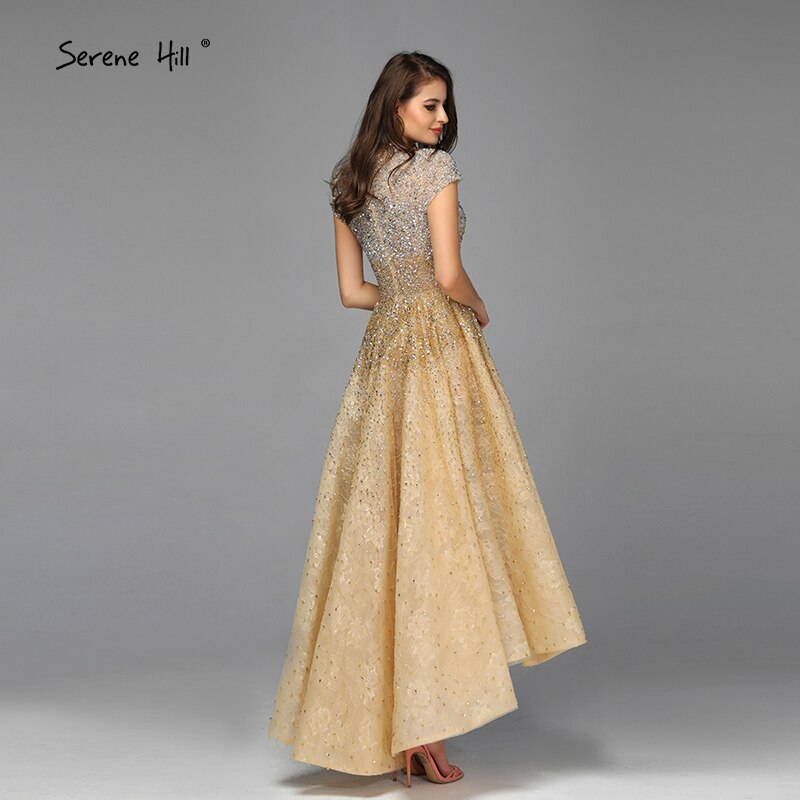 Gold High Neck Luxury Asymmetrical Evening Dresses 2025 Beading Sequined Sleeveless Evening Gowns Serene Hill LA60757 - SERENE HILL