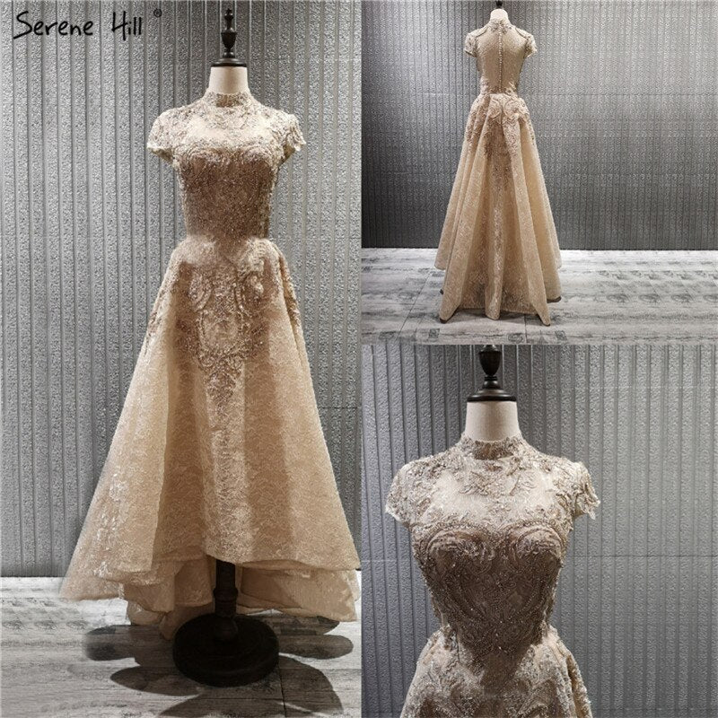 Gold High Neck Luxury Asymmetrical Evening Dresses 2025 Cap Sleeve Lace Beading Evening Gowns Serene Hill LA70227 - SERENE HILL