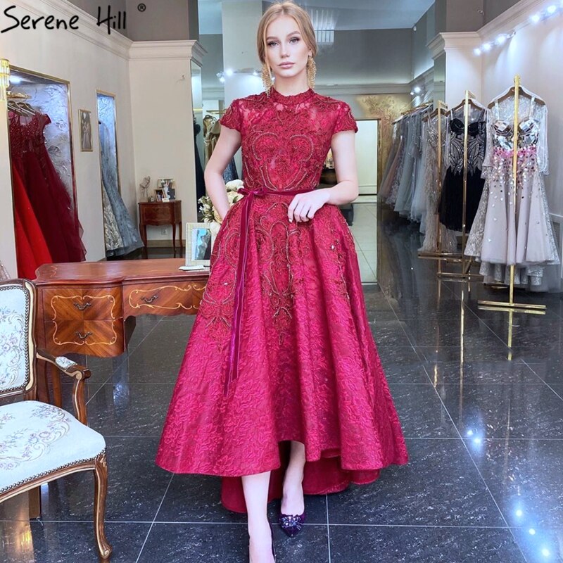Gold High Neck Luxury Asymmetrical Evening Dresses 2025 Cap Sleeve Lace Beading Evening Gowns Serene Hill LA70227 - SERENE HILL