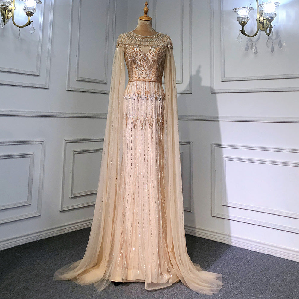 Gold Luxury Arabic Cape Sleeves Evening Dresses Gowns 2025 Beaded Mermaid For Women Party Serene Hill LA71620 - SERENE HILL