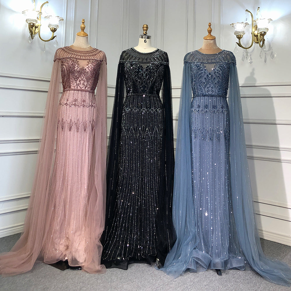 Gold Luxury Arabic Cape Sleeves Evening Dresses Gowns 2025 Beaded Mermaid For Women Party Serene Hill LA71620 - SERENE HILL