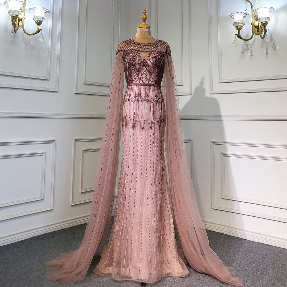 Gold Luxury Arabic Cape Sleeves Evening Dresses Gowns 2025 Beaded Mermaid For Women Party Serene Hill LA71620 - SERENE HILL