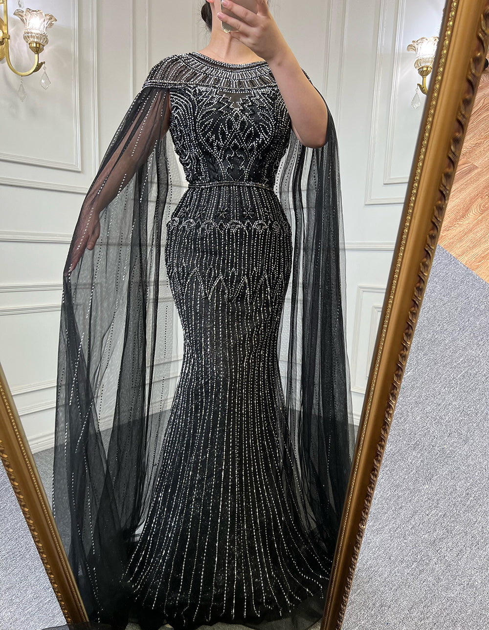 Gold Luxury Arabic Cape Sleeves Evening Dresses Gowns 2025 Beaded Mermaid For Women Party Serene Hill LA71620 - SERENE HILL