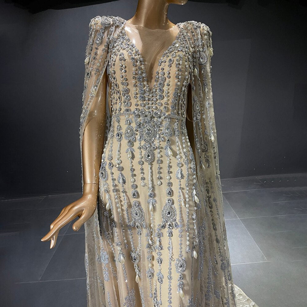 Gold Luxury Cape Sleeve Evening Dresses Gowns 2025 Beaded A-Line High-end For Women Party Serene Hill LA71463A - SERENE HILL