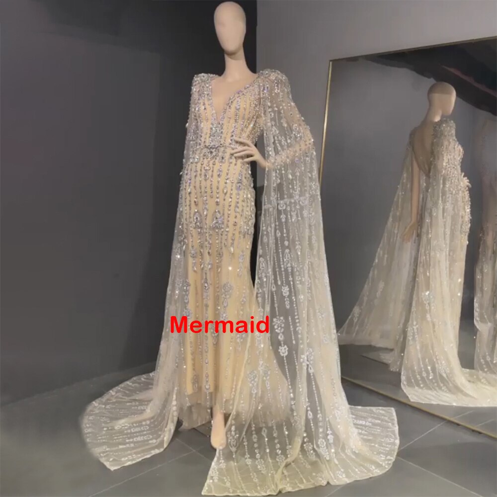 Gold Luxury Cape Sleeve Evening Dresses Gowns 2025 Beaded A-Line High-end For Women Party Serene Hill LA71463A - SERENE HILL