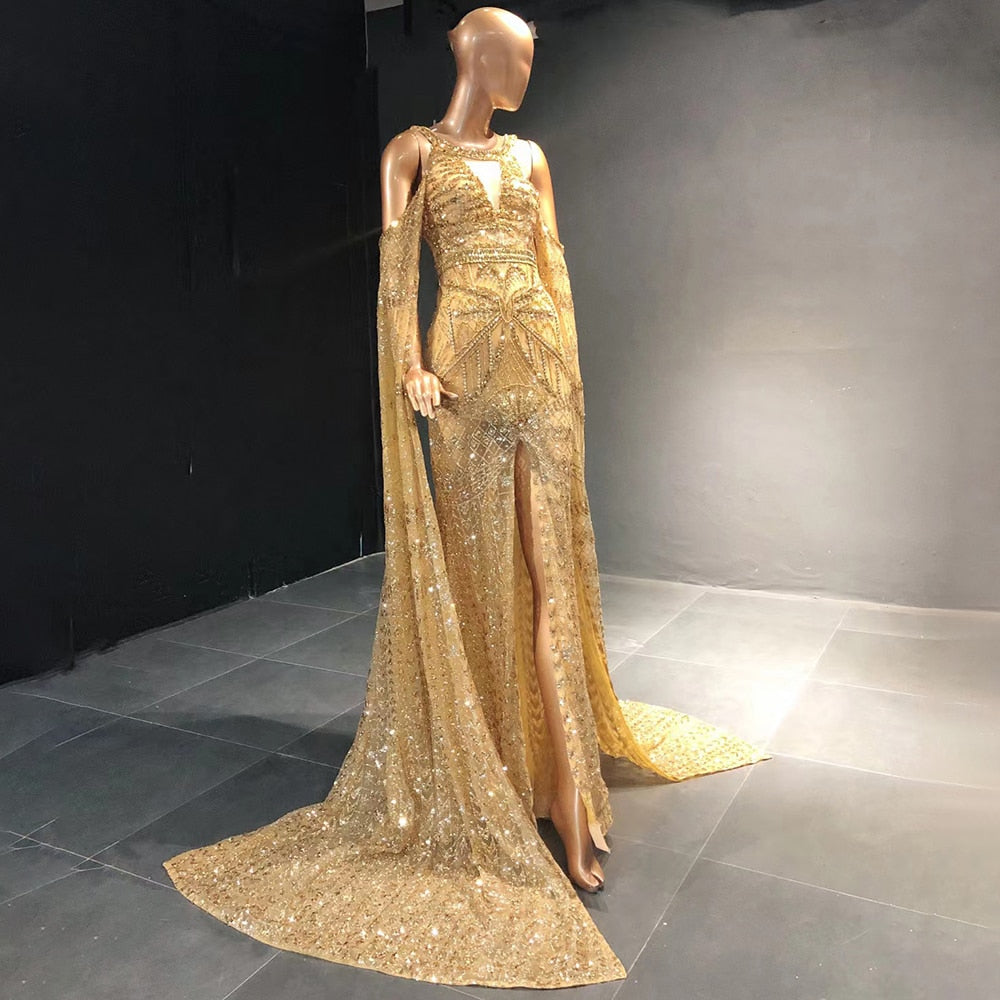 Gold Mermaid Elegant High Split Evening Dresses Gowns 2025 Beaded Luxury Cape Sleeve For Women Party Serene Hill LA71503 - SERENE HILL