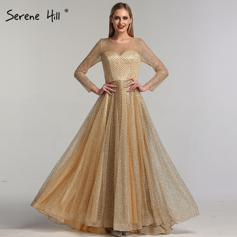 On Sale No Return No Refund Sale Gold Muslim Long Sleeves A-Line Evening Dresses 2025 O-Neck Luxury Glitte Formal Dress Real Photo LA60942 - SERENE HILL