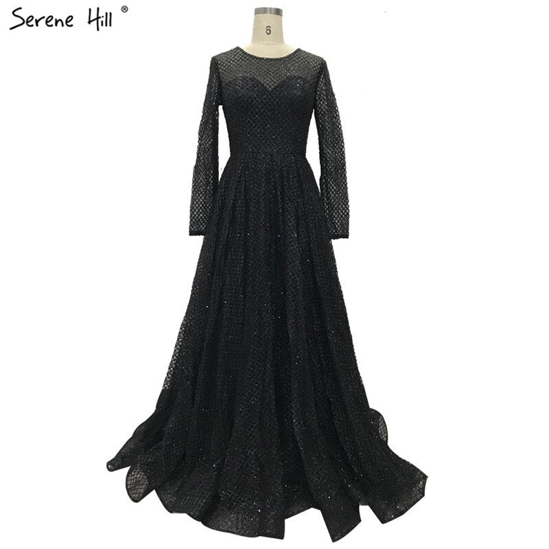 On Sale No Return No Refund Sale Gold Muslim Long Sleeves A-Line Evening Dresses 2025 O-Neck Luxury Glitte Formal Dress Real Photo LA60942 - SERENE HILL