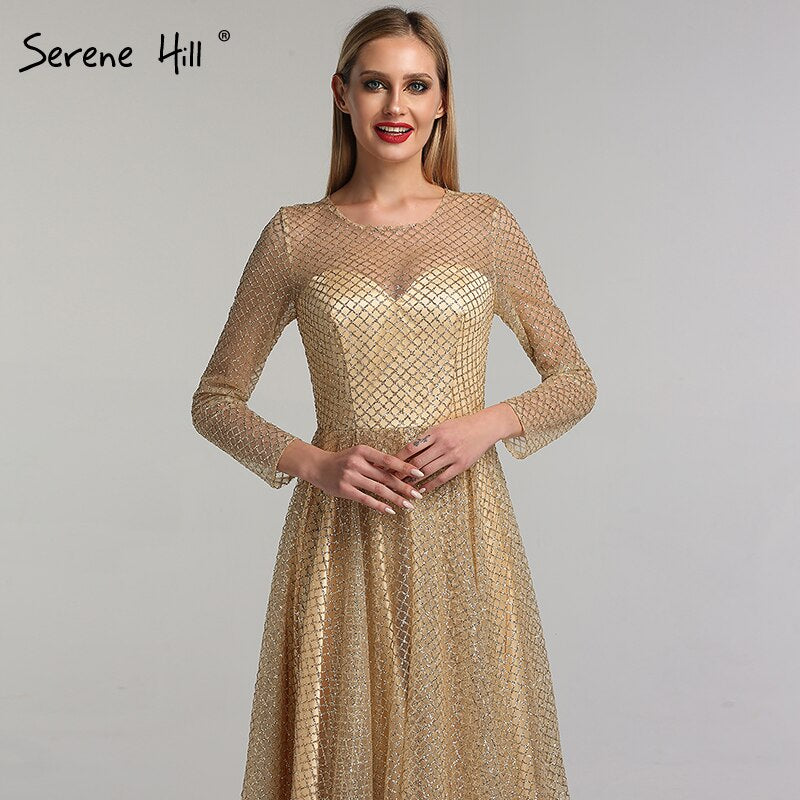 On Sale No Return No Refund Sale Gold Muslim Long Sleeves A-Line Evening Dresses 2025 O-Neck Luxury Glitte Formal Dress Real Photo LA60942 - SERENE HILL