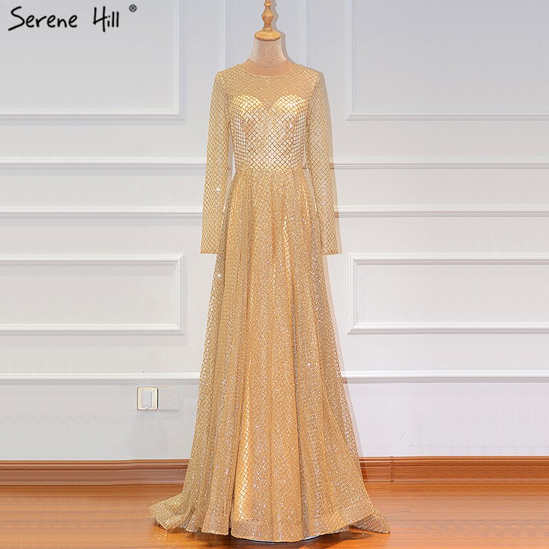 On Sale No Return No Refund Sale Gold Muslim Long Sleeves A-Line Evening Dresses 2025 O-Neck Luxury Glitte Formal Dress Real Photo LA60942 - SERENE HILL