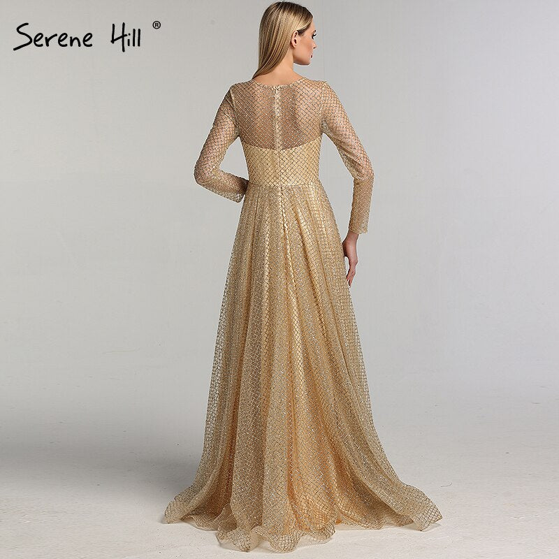 On Sale No Return No Refund Sale Gold Muslim Long Sleeves A-Line Evening Dresses 2025 O-Neck Luxury Glitte Formal Dress Real Photo LA60942 - SERENE HILL