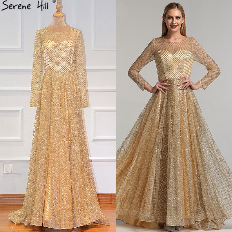 On Sale No Return No Refund Sale Gold Muslim Long Sleeves A-Line Evening Dresses 2025 O-Neck Luxury Glitte Formal Dress Real Photo LA60942 - SERENE HILL