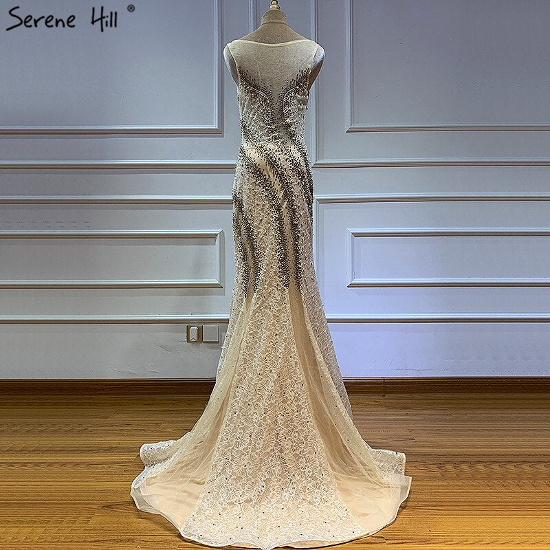 On Sale No Return No Refund Sale Gold O-Neck Luxury Dubai Design Evening Dresses 2025 Lace Pearls Crystal Mermaid Formal Dress Serene Hill LA60897 - SERENE HILL