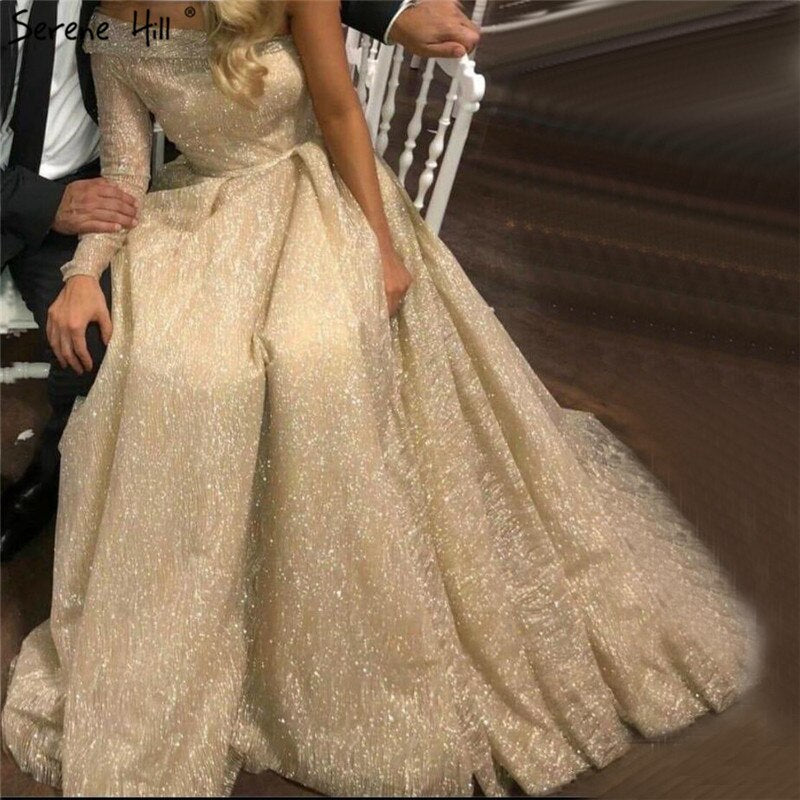 On Sale no return no refundSale Gold One Shoulder Sexy Dubai Evening Dresses 2025 Long Sleeves Luxury Sparkle A-Line Formal Dress Serene Hill LA70329 - SERENE HILL