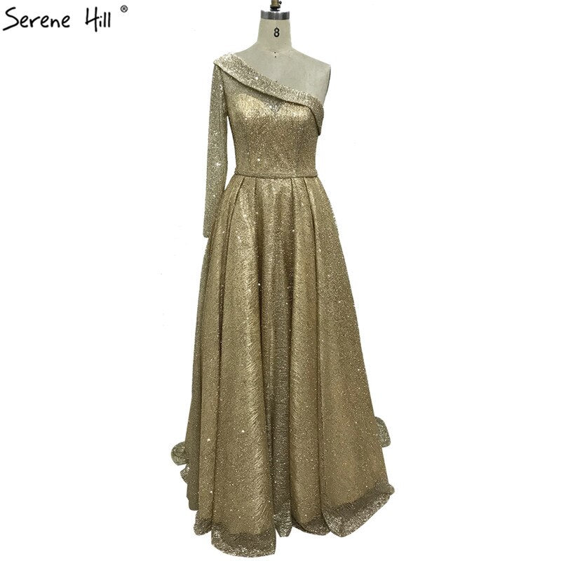 On Sale no return no refundSale Gold One Shoulder Sexy Dubai Evening Dresses 2025 Long Sleeves Luxury Sparkle A-Line Formal Dress Serene Hill LA70329 - SERENE HILL