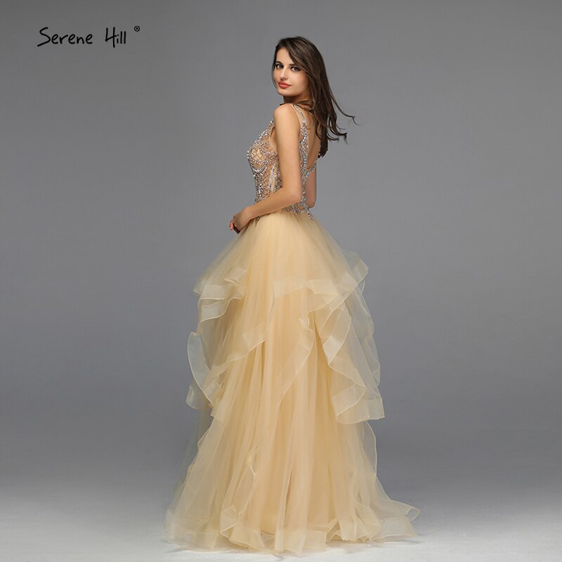 On Sale No Return No Refund Sale Gold V-Neck Beading Diamond Evening Dressese A-Line Sleeveless Sexy Evening Gowns Design 2025 Serene Hill LA70149 - SERENE HILL
