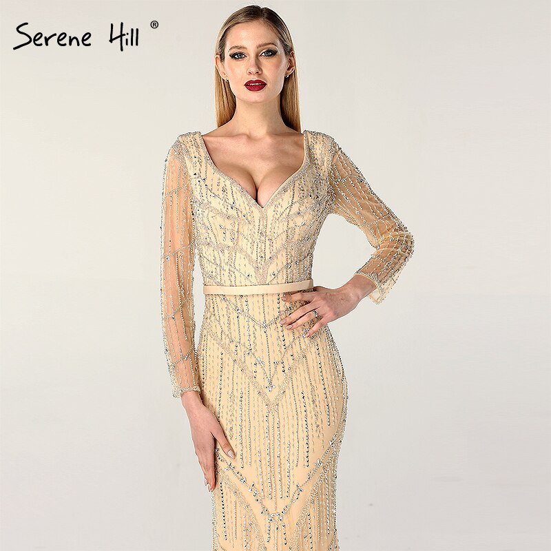 On Sale no return no refundSale Gold V-Neck Dubai Design Sexy Evening Dresses Luxury Long Sleeves Beading Crystal Evening Gowns 2025 Serene Hill LA60831 - SERENE HILL