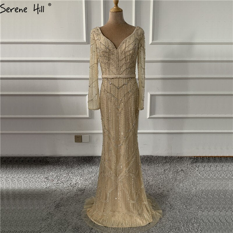 On Sale no return no refundSale Gold V-Neck Dubai Design Sexy Evening Dresses Luxury Long Sleeves Beading Crystal Evening Gowns 2025 Serene Hill LA60831 - SERENE HILL
