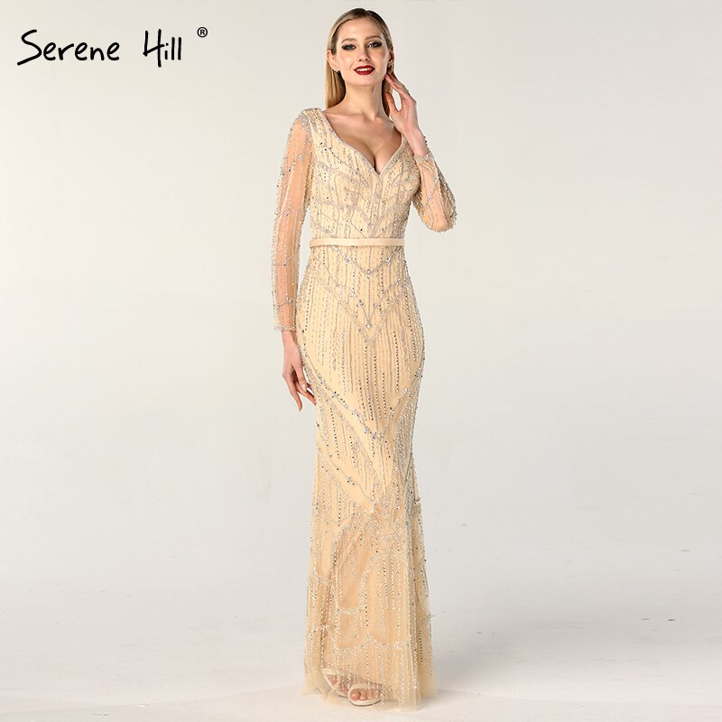 On Sale no return no refundSale Gold V-Neck Dubai Design Sexy Evening Dresses Luxury Long Sleeves Beading Crystal Evening Gowns 2025 Serene Hill LA60831 - SERENE HILL