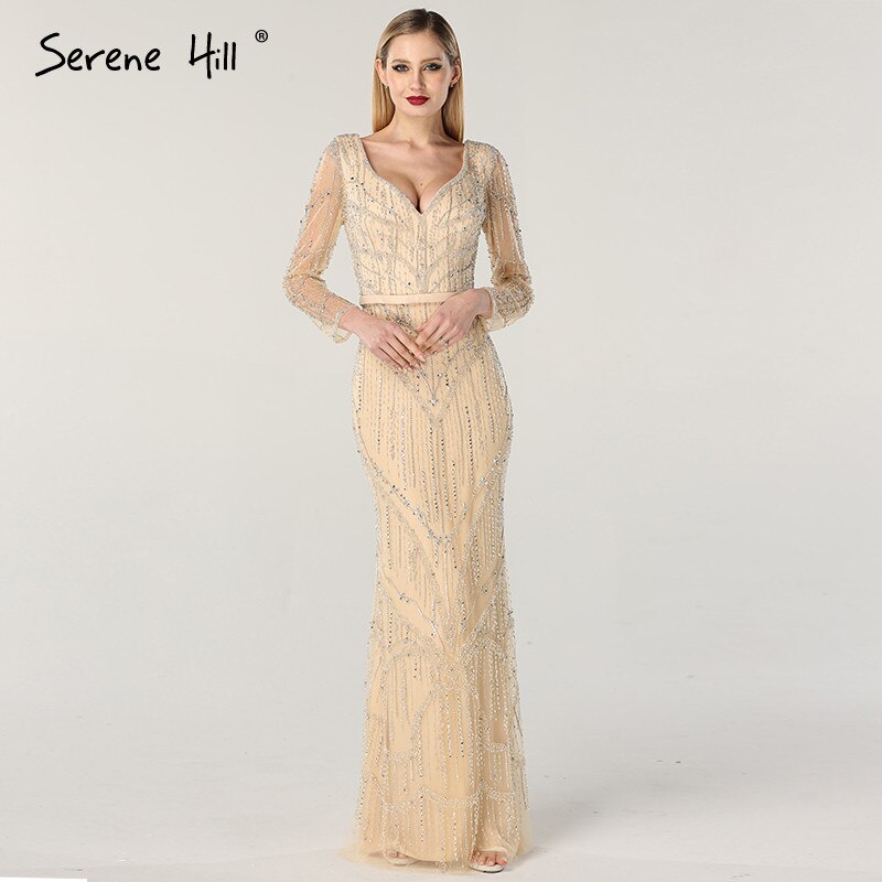 On Sale no return no refundSale Gold V-Neck Dubai Design Sexy Evening Dresses Luxury Long Sleeves Beading Crystal Evening Gowns 2025 Serene Hill LA60831 - SERENE HILL