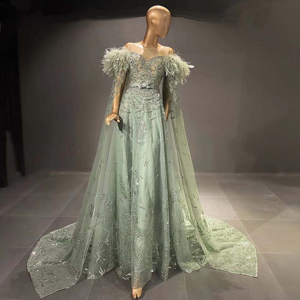 Green Capes Sleeves Luxury Evening Dresses Gowns 2025 Beaded Feather Elegant For Women Party Serene Hill LA71521 - SERENE HILL