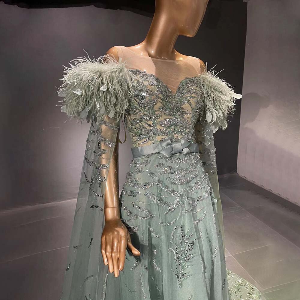 Green Capes Sleeves Luxury Evening Dresses Gowns 2025 Beaded Feather Elegant For Women Party Serene Hill LA71521 - SERENE HILL