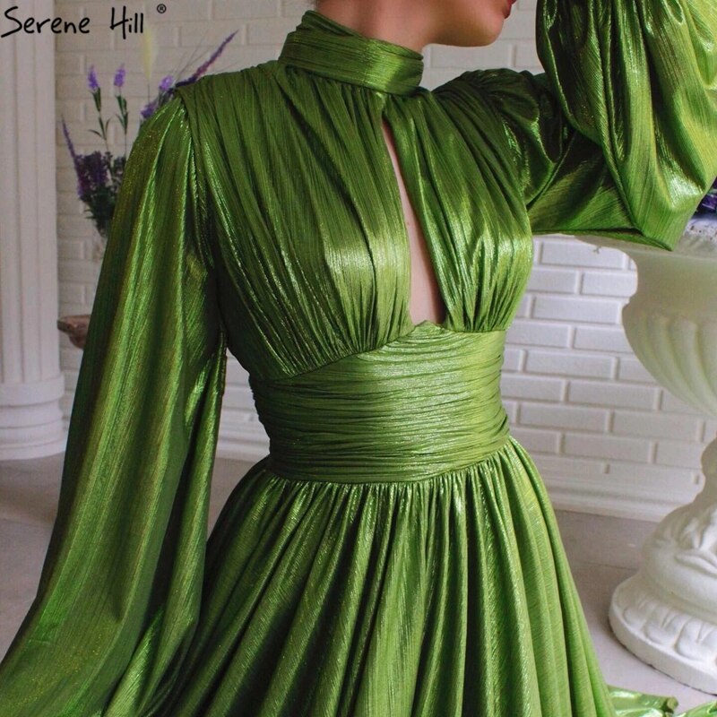 Green Satin A-Line Classy Long Sleeves Silk Evening Dress LA70554 - SERENE HILL