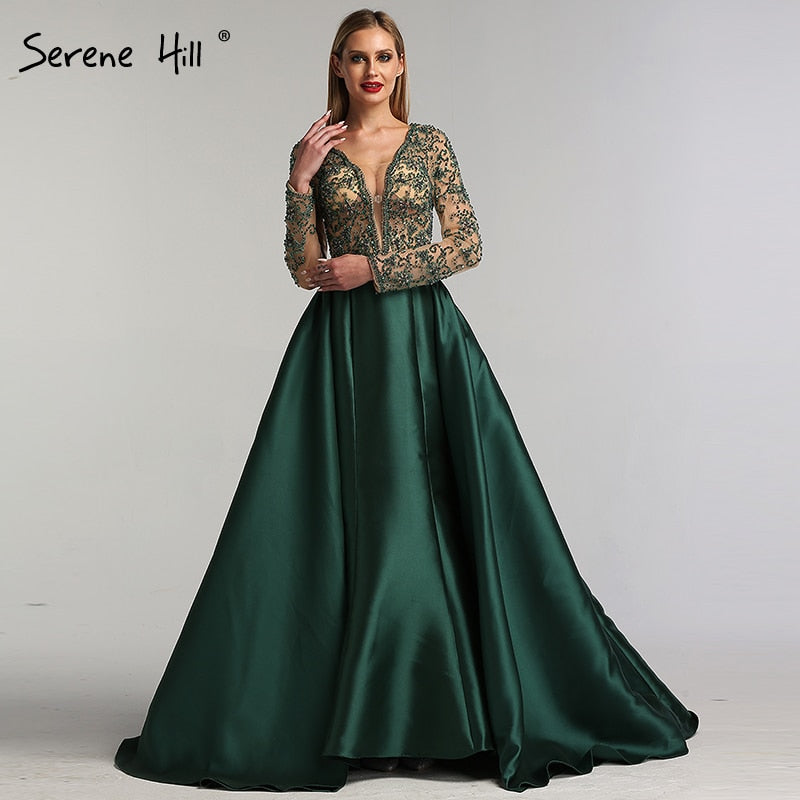 On Sale no return no refund Green V-Neck Satin Long Dresses Evening Long Sleeves Pearls Beading Evening Gowns 2025 Serene Hill LA6312 - SERENE HILL