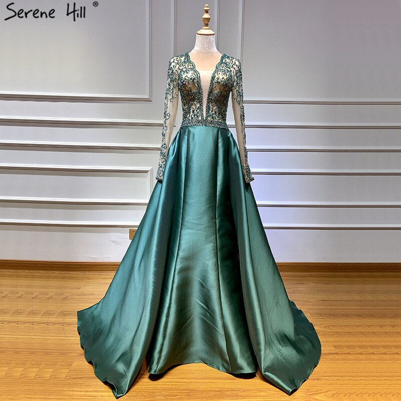 On Sale no return no refund Green V-Neck Satin Long Dresses Evening Long Sleeves Pearls Beading Evening Gowns 2025 Serene Hill LA6312 - SERENE HILL
