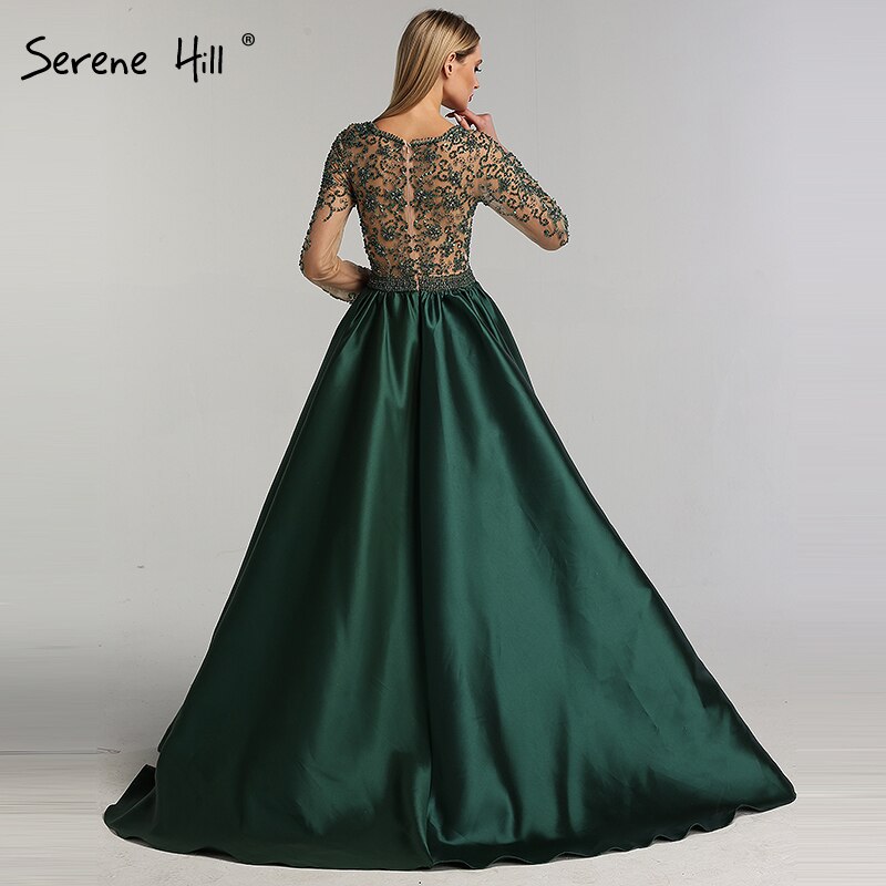 On Sale no return no refund Green V-Neck Satin Long Dresses Evening Long Sleeves Pearls Beading Evening Gowns 2025 Serene Hill LA6312 - SERENE HILL