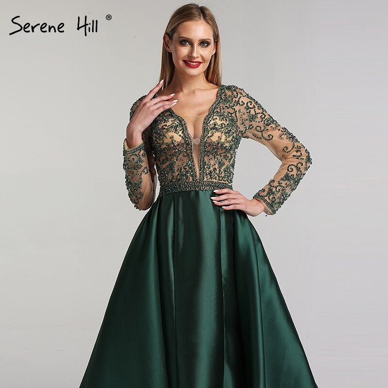 On Sale no return no refund Green V-Neck Satin Long Dresses Evening Long Sleeves Pearls Beading Evening Gowns 2025 Serene Hill LA6312 - SERENE HILL