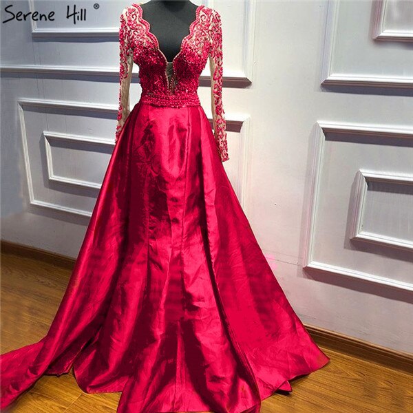 On Sale no return no refund Green V-Neck Satin Long Dresses Evening Long Sleeves Pearls Beading Evening Gowns 2025 Serene Hill LA6312 - SERENE HILL