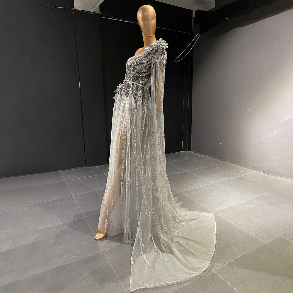Grey Luxury Beaded A-Line Evening Dresses Gowns 2025 One Shoulder Cape Sleeve For Women Party Serene Hill LA71626 - SERENE HILL