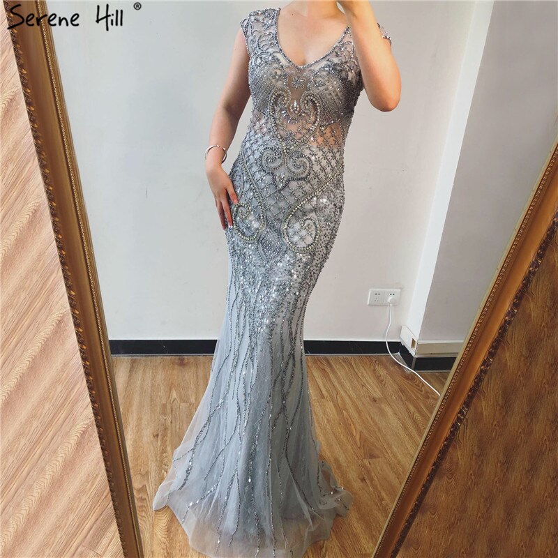 Grey Luxury V-Neck Mermaid Evening Dresses Design 2025 Dubai Full Diamond Sexy Formal Dress Serene Hill LA70063 - SERENE HILL
