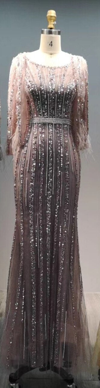 Grey Mermaid Long Sleeves Dubai Evening Dresses Luxury Diamond Beading O-Neck Formal Dress 2025 Serene Hill LA70503 - SERENE HILL