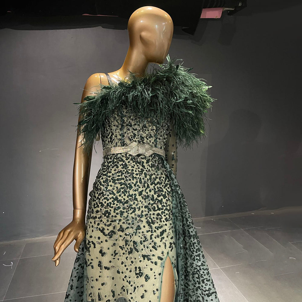 Groen Luxe A-lijn Hoge Split Avond Jurken 2025 Kralen Veer Elegant Mermaid Voor Vrouwen Party Serene Hill LA71570 - SERENE HILL