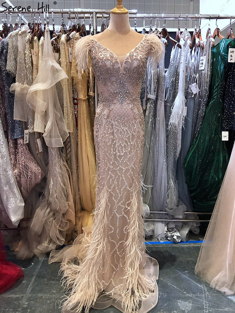 Champagne Luxury V-Neck Sexy Mermaid Evening Dresses 2025 Diamond Feathers Sleeveless Formal Dress Serene Hill LA70350 - SERENE HILL