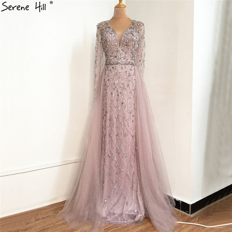 Luxury Grey Mermaid Evening Dress with Detachable Train and Diamond Beading LA70341 - SERENE HILL