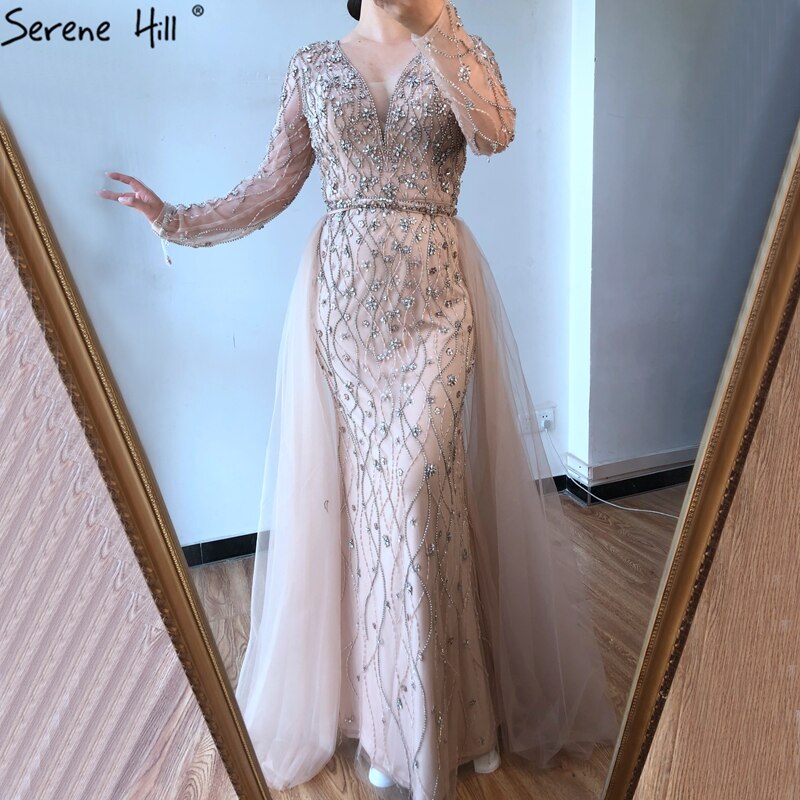 Luxury Grey Mermaid Evening Dress with Detachable Train and Diamond Beading LA70341 - SERENE HILL