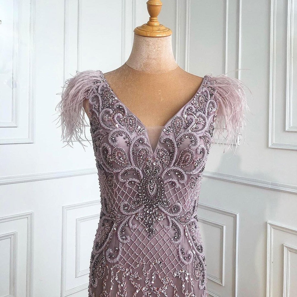 Champagne Luxury V-Neck Sexy Mermaid Evening Dresses 2025 Diamond Feathers Sleeveless Formal Dress Serene Hill LA70350 - SERENE HILL