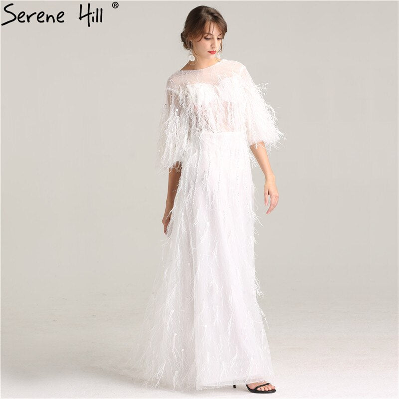 On Sale No Return No Refund Sale Half Sleeve Dream Feather Tassel Evening Dresses 2025 White Pearls Fashion Sexy Formal Evening Gowns LA6225 - SERENE HILL