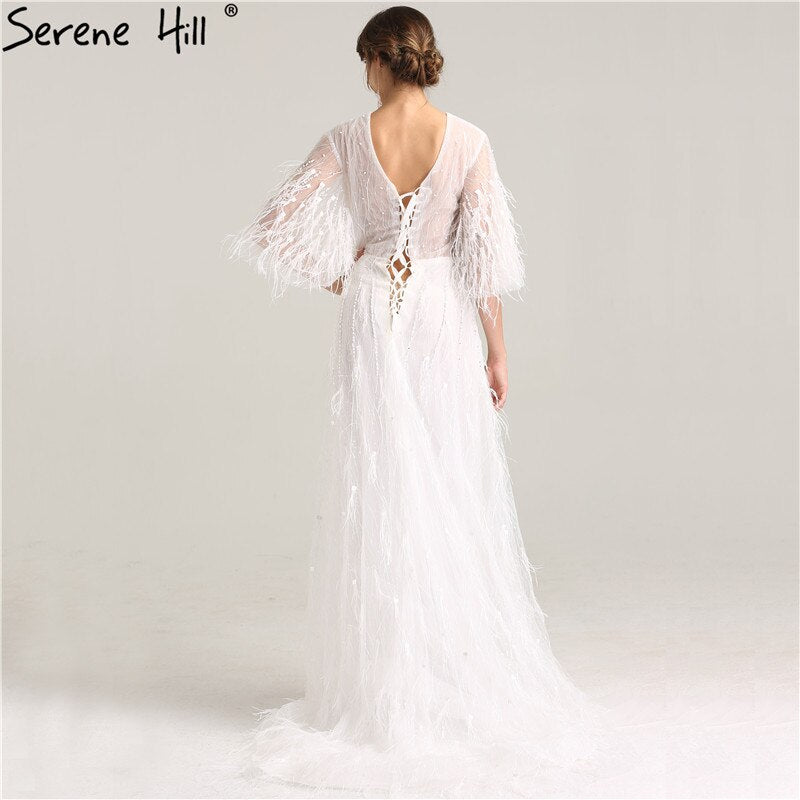 On Sale No Return No Refund Sale Half Sleeve Dream Feather Tassel Evening Dresses 2025 White Pearls Fashion Sexy Formal Evening Gowns LA6225 - SERENE HILL