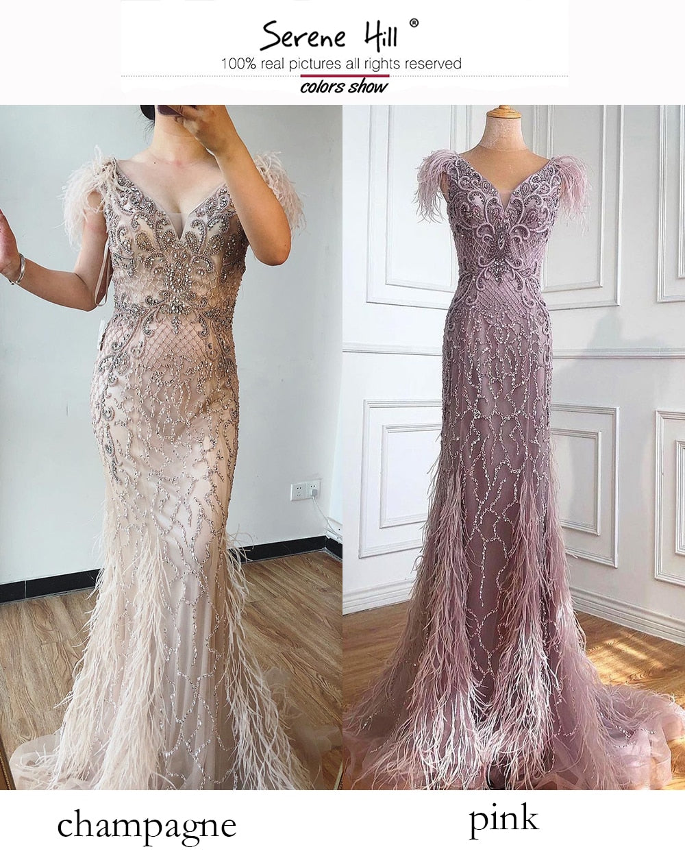 Champagne Luxury V-Neck Sexy Mermaid Evening Dresses 2025 Diamond Feathers Sleeveless Formal Dress Serene Hill LA70350 - SERENE HILL