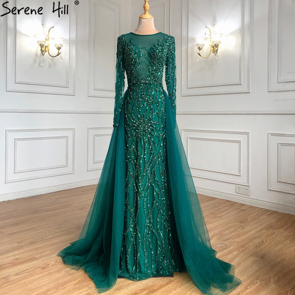 Serene Hill Muslim Green With Train Evening Dresses Gowns 2025 Mermaid Beading Elegant Luxury For Women Party LA71107 - SERENE HILL
