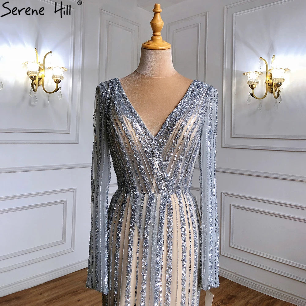 Serene Hill Silver Blue Mermaid Split Evening Dresses Gowns 2025 Beaded Elegant Luxury For Women Party LA71392 - SERENE HILL
