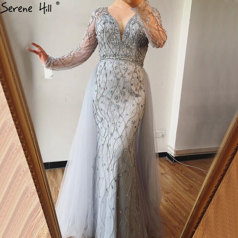 Luxury Grey Mermaid Evening Dress with Detachable Train and Diamond Beading LA70341 - SERENE HILL